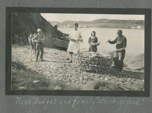 stacking fish on beach