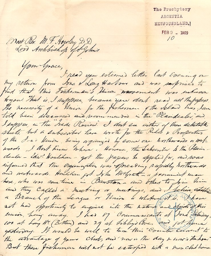 Lettre de John J. St. John, P.P., &agrave; l'archev&ecirc;que M.F. Howley, Argentia, 9 f&eacute;vrier 1909, Page 1
