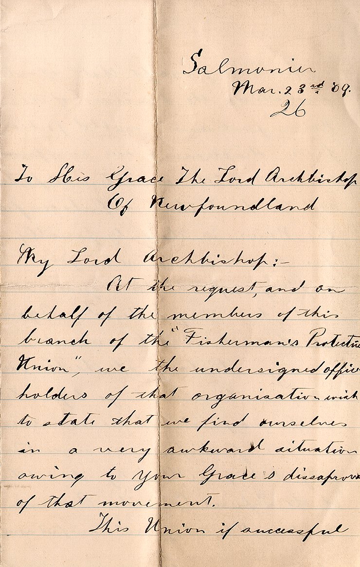 Lettre de Peter Trimlett et autres &agrave; l'archev&ecirc;que M.F. Howley, Salmonier, 23 mars 1909, Page 1