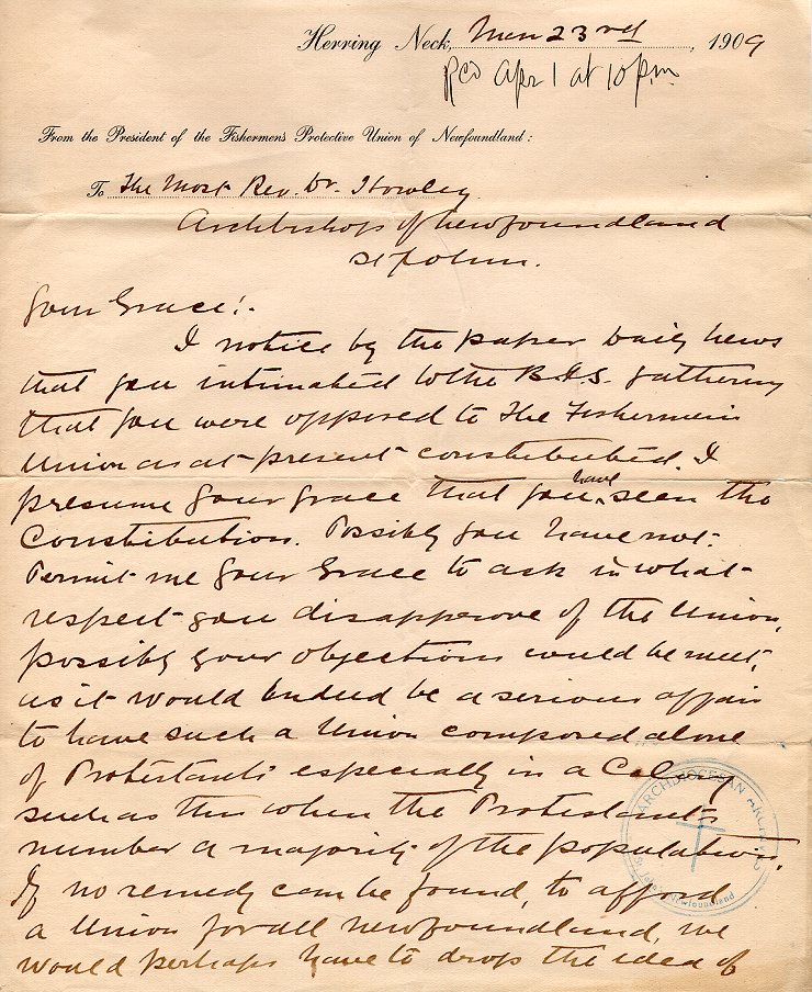 Lettre de W.F. Coaker &agrave; l'archev&ecirc;que M.F. Howley, Herring Neck, 23 mars 1909, Page 1