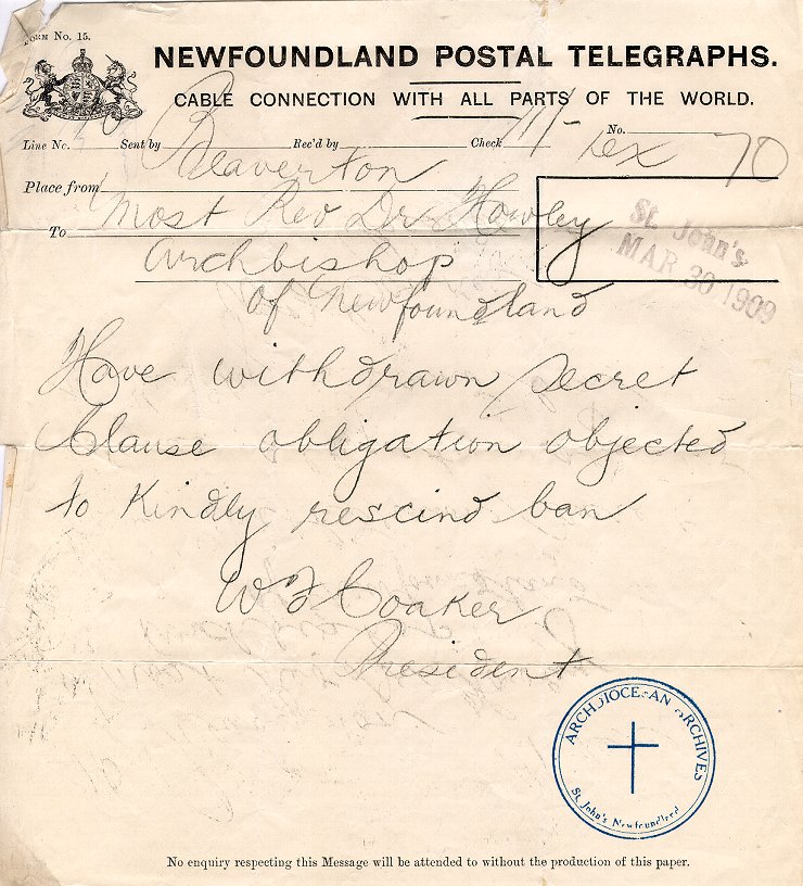T&eacute;l&eacute;gramme de W.F. Coaker &agrave; l'archev&ecirc;que M.F. Howley, Beaverton, 30 mars 1909