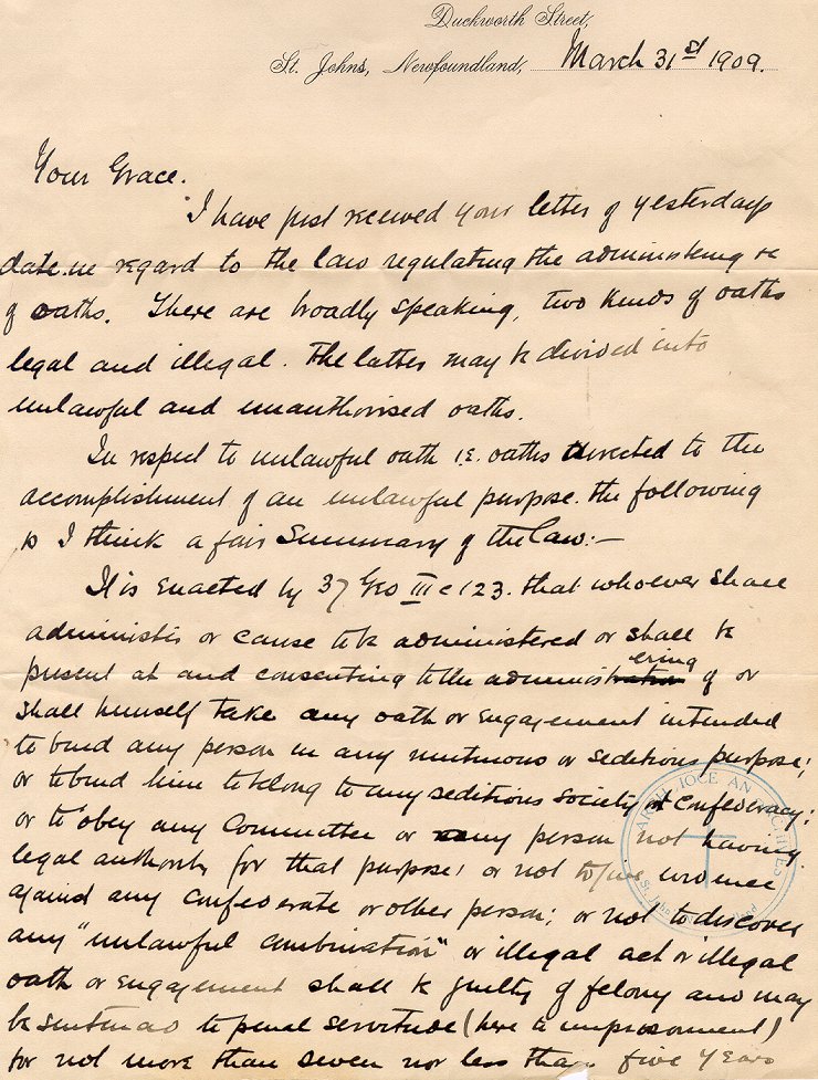 Lettre de J.M. Kent &agrave; l'archev&ecirc;que M.F. Howley, St. John's, 31 mars 1909, Page 1