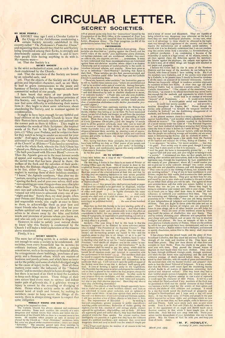 Lettre circulaire de l'archev&ecirc;que M.F. Howley aux catholiques, 31 mars 1909, 1909, Page 1