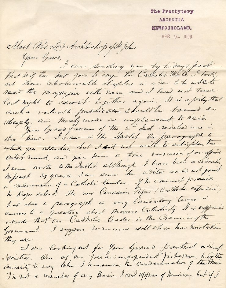 Lettre de John J. St. John, P.P., &agrave; l'archev&ecirc;que M.F. Howley, Argentia, 9 avril 1909, Page 1