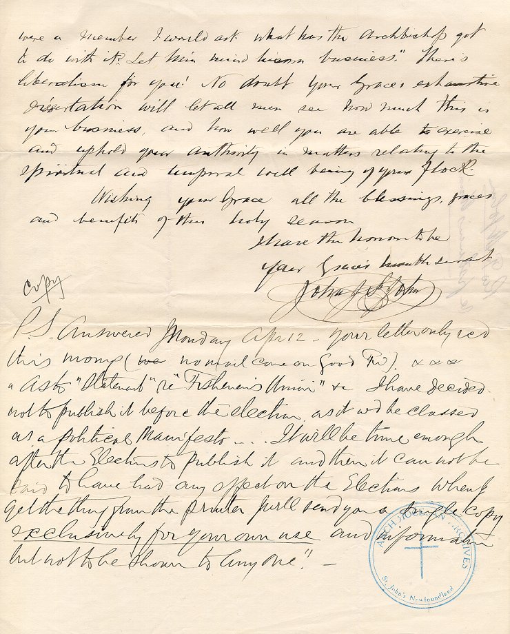 Lettre de John J. St. John, P.P., &agrave; l'archev&ecirc;que M.F. Howley, Argentia, 9 avril 1909, Page 2