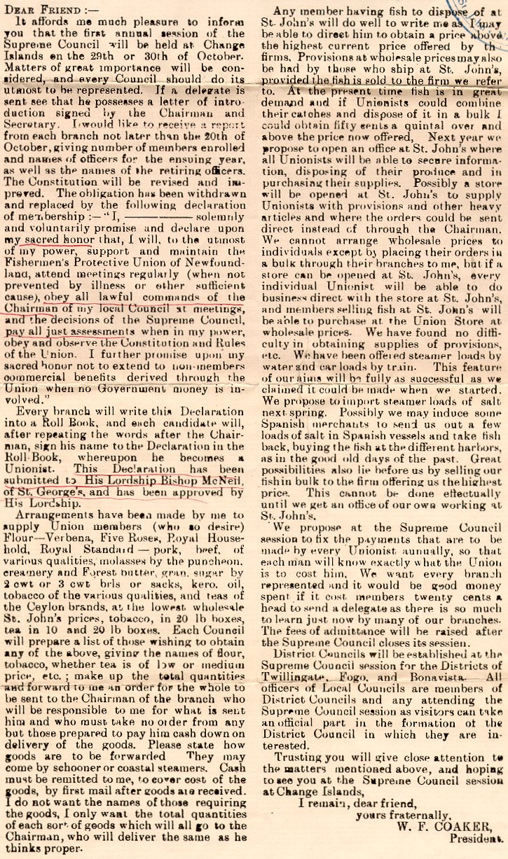 Lettre circulaire de W.F Coaker, pr&eacute;sident, au pr&eacute;sident du conseil local du FPU, Herring Neck, 14 septembre 1909