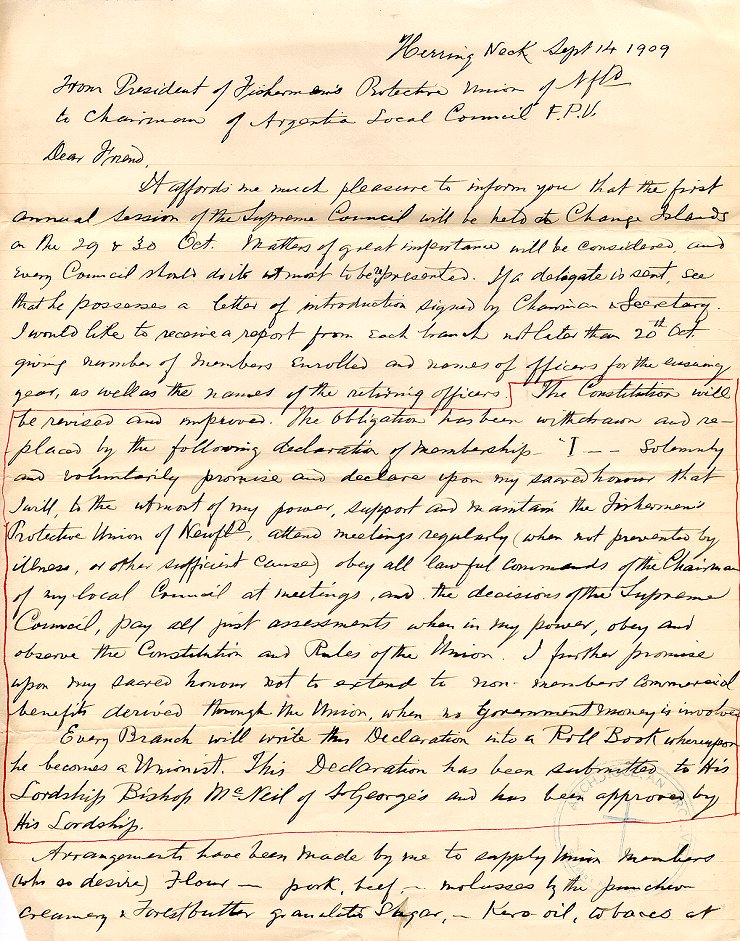 Lettre de W.F. Coaker, pr&eacute;sident, au pr&eacute;sident du conseil local du FPU, Argentia, Herring Neck, 14 septembre 1909