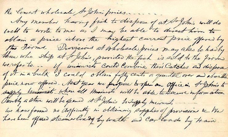 Lettre de W.F. Coaker, pr&eacute;sident, au pr&eacute;sident du conseil local du FPU, Argentia, Herring Neck, 14 septembre 1909