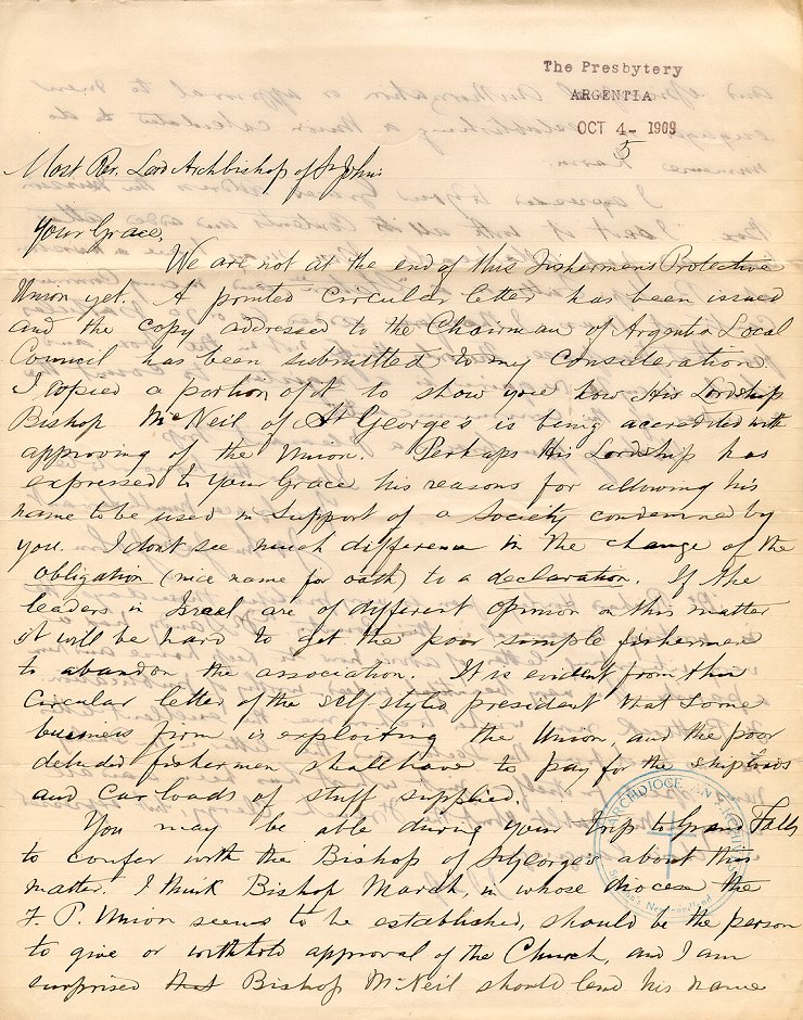 Lettre de John J. St. John, P.P., &agrave; l'archev&ecirc;que M.F. Howley, Argentia, 4 octobre 1909, Page 1