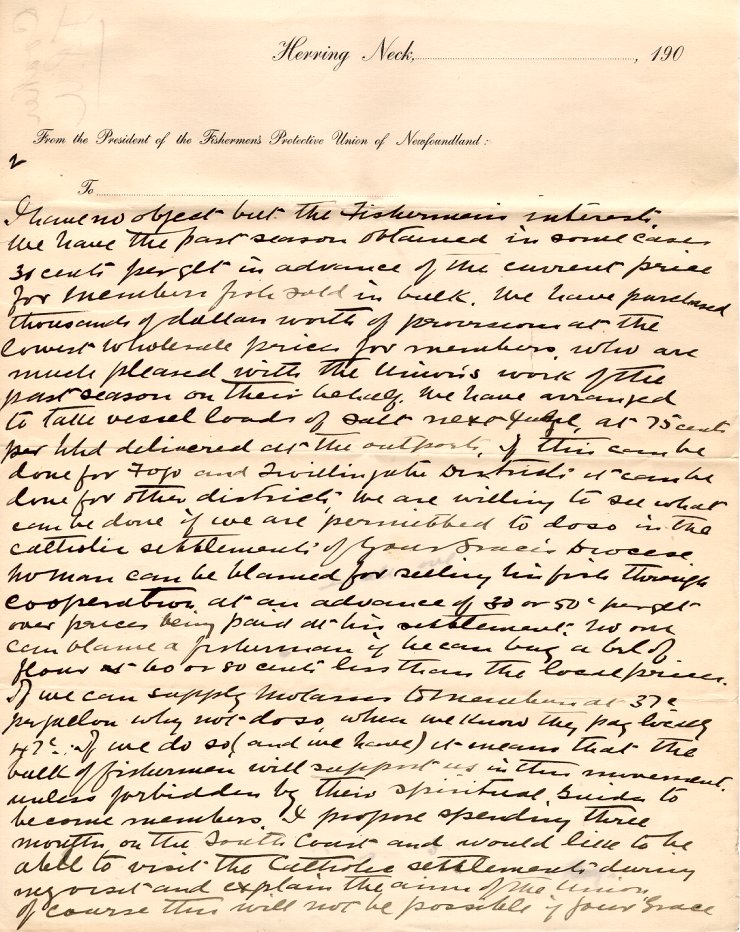 Lettre de W.F. Coaker, pr&eacute;sident, &agrave; l'archev&ecirc;que M.F. Howley, Coakerville, 27 novembre 1909, Page 2