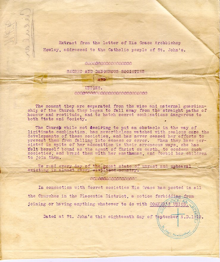 Extrait de la lettre de l'archev&ecirc;que M.F. Howley aux catholiques de St. John's, 18 septembre 1913, Page 1