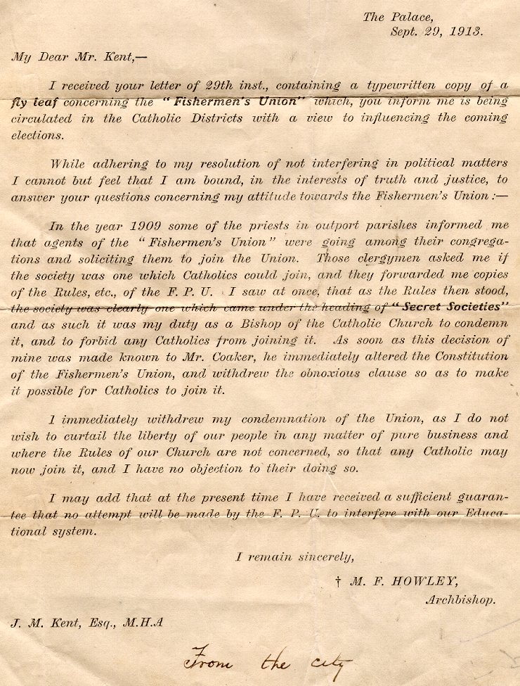 Lettre de l'archev&ecirc;que M.F. Howley &agrave; J.M. Kent, 29 septembre 1913, Page 2