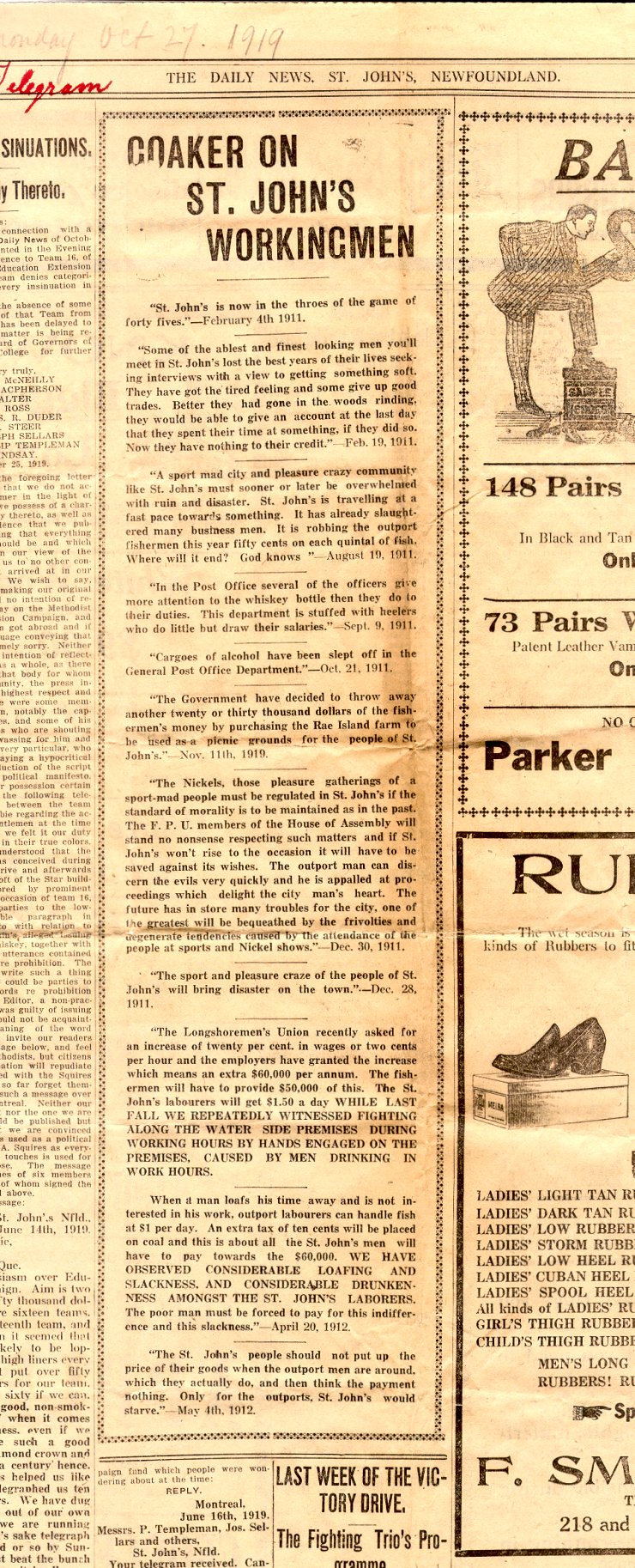 Coupure d'un article de journal intitul&eacute; 'Coaker on St. John's Workingmen', The Daily News, 27 octobre 1919, Page 1