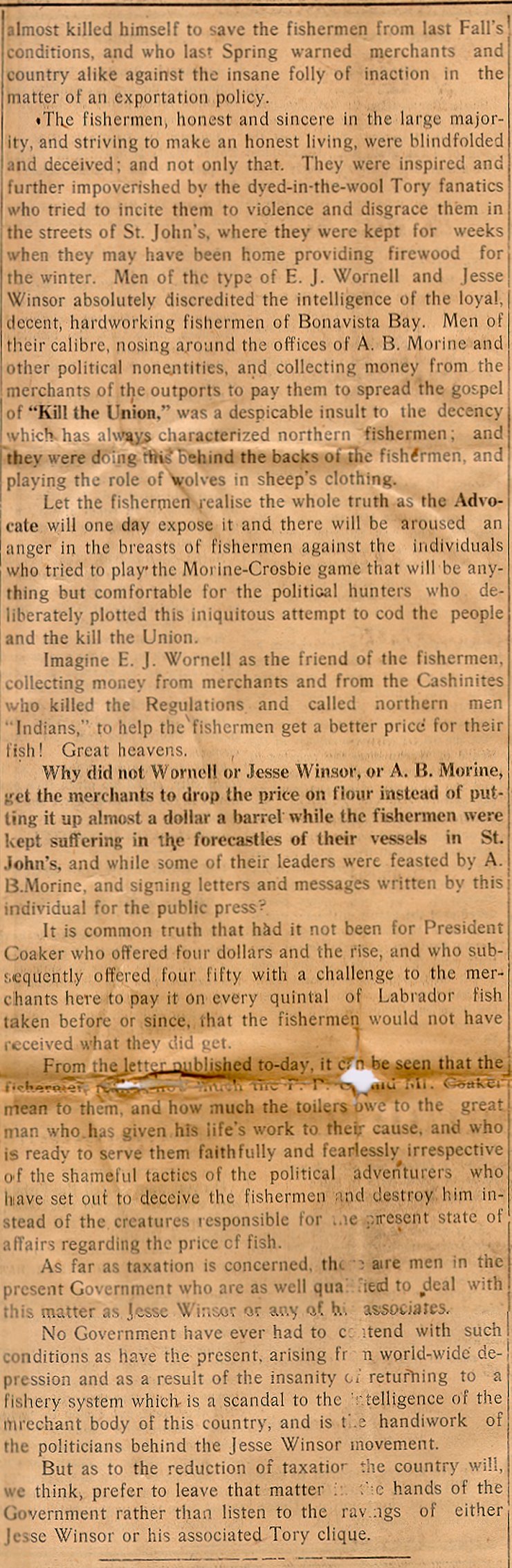 Coupure d'un &eacute;ditorial intitul&eacute;, 'Fooling to Fishermen,' Evening Advocate, 4 janvier 1923, Page 3