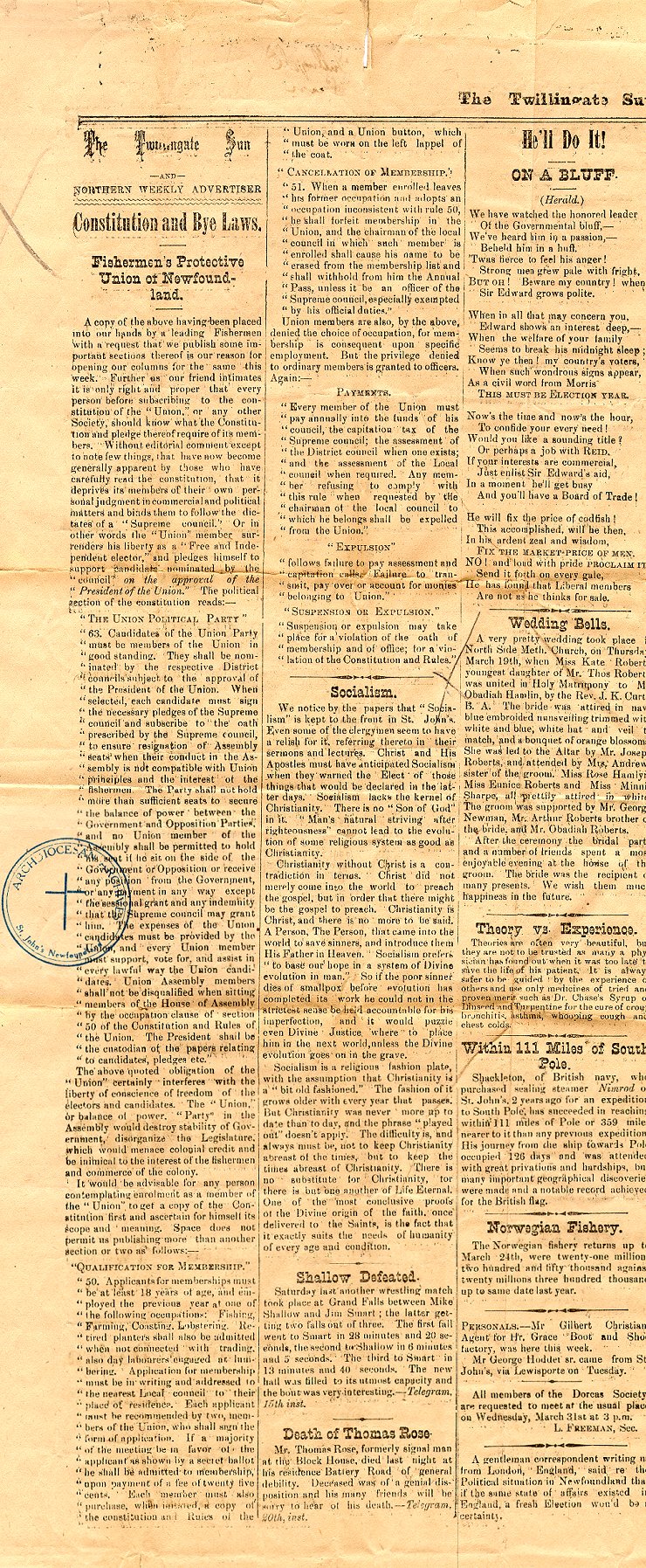 Newspaper clipping of an editorial entitled Constitution and Bye-Laws - Fishermen's Protective Union of Newfoundland, Twillingate Sun, n.d., Page 1