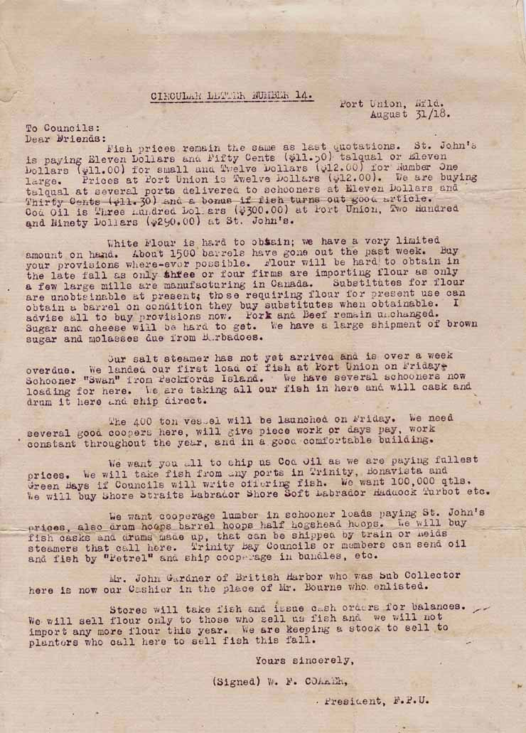 Lettre circulaire no. 14. 31 ao&ucirc;t 1918