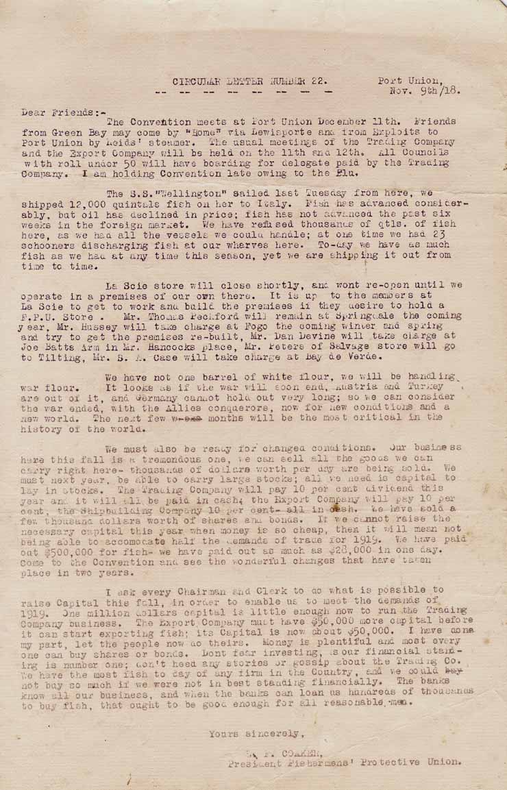 Lettre circulaire no 22. 9 nov. 1918