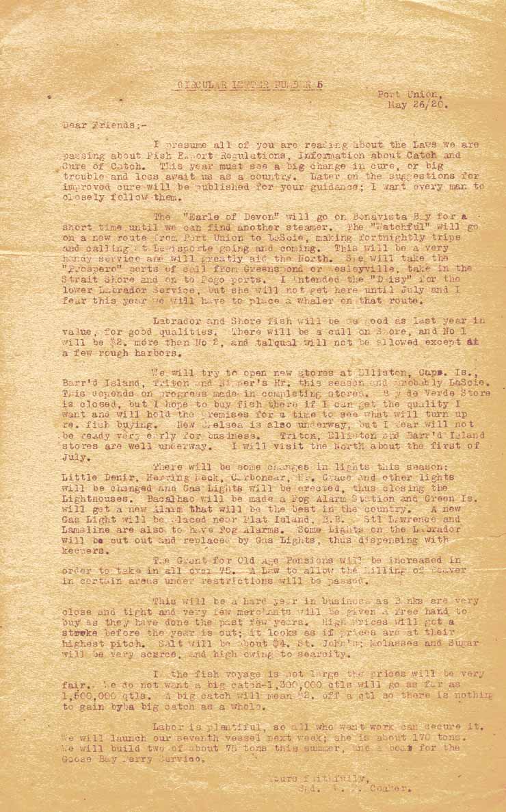 Lettre circulaire no 05. 26 mai 1920