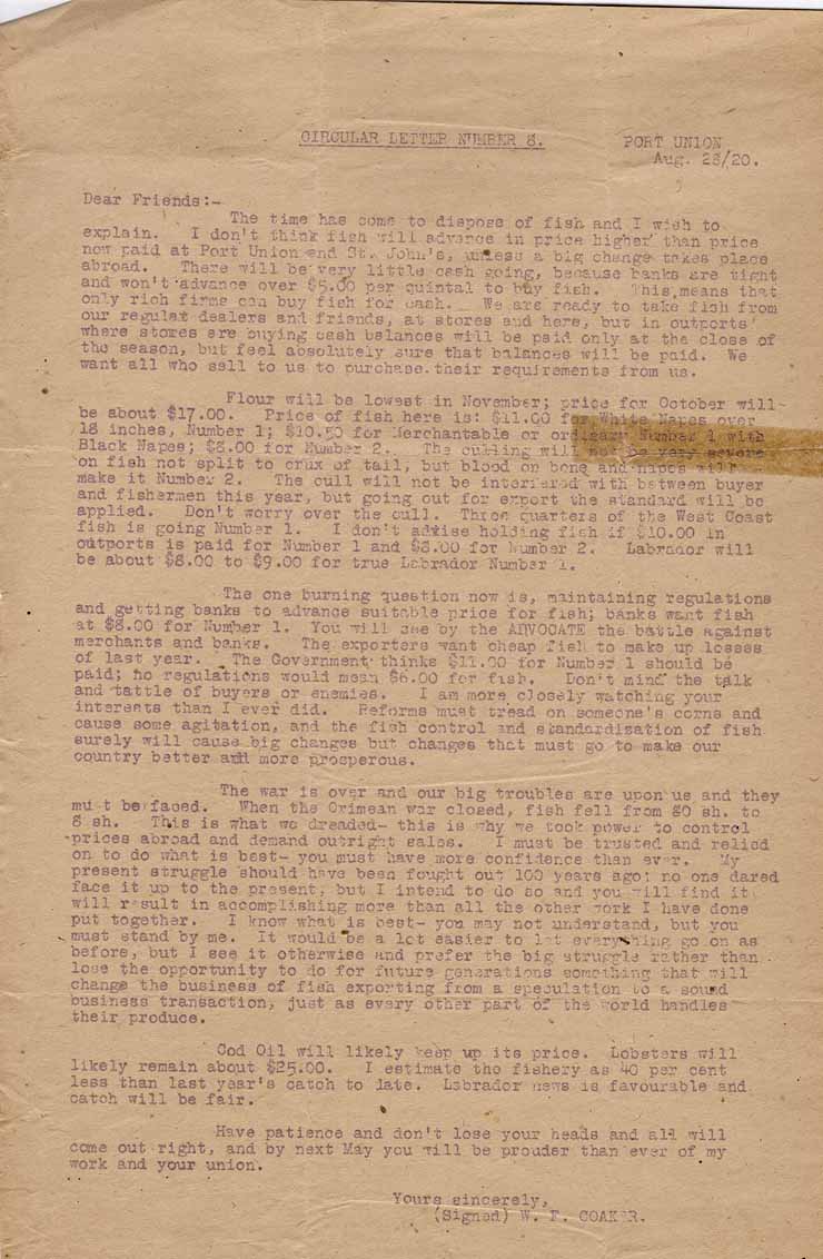 Lettre circulaire no 08. 28 ao&ucirc;t 1920