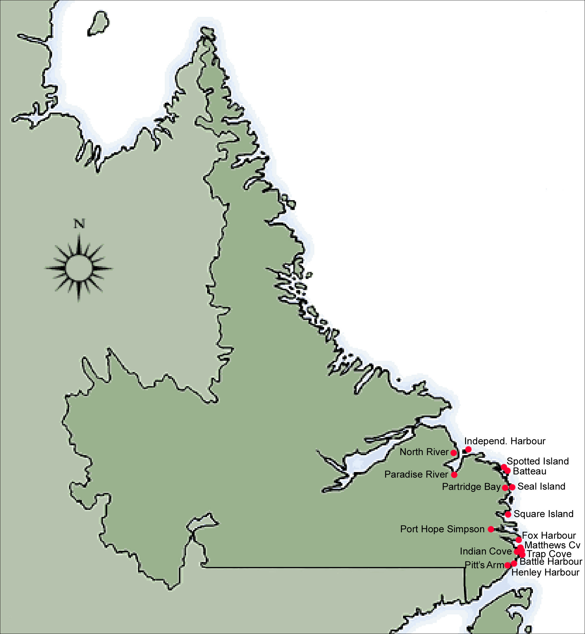 Grande carte montrant les communaut&eacute;s du Labrador touch&eacute;es par la r&eacute;installation, 1965-1975