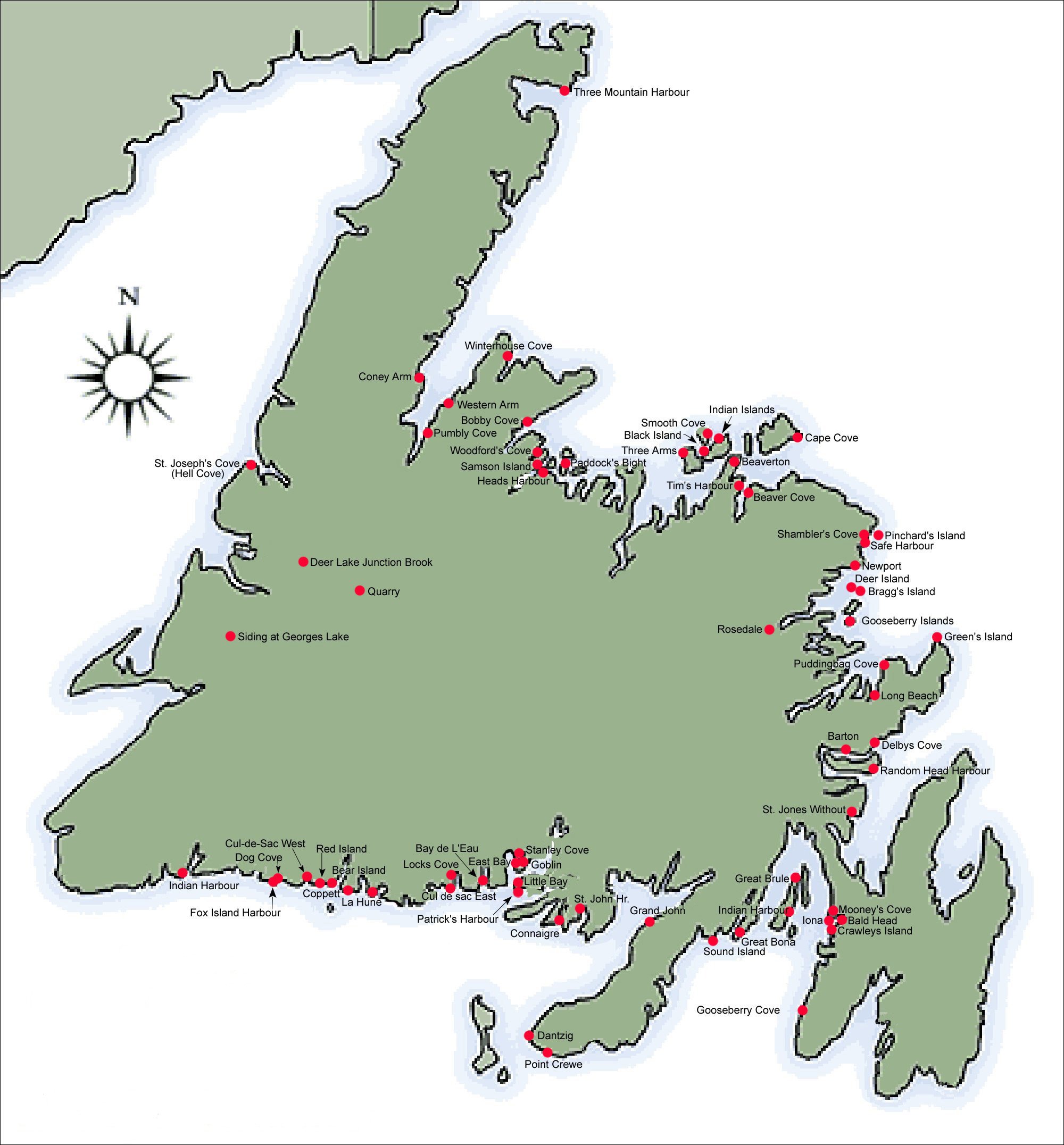 Grande carte montrant les communaut&eacute;s abandonn&eacute;es de Terre-Neuve, 1950-1959