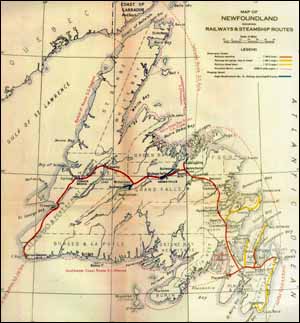 Map of Newfoundland showing Railways and Steamship Routes
