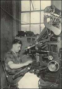 Arthur Sweetland operating the linotype machine at the Fishermen�s Advocat.