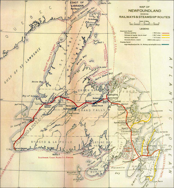 Map of Newfoundland showing Railways and Steamship Routes