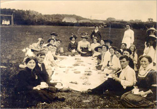 A group having a picnic, ca. 1900