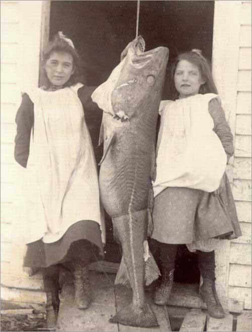 Two Young Girls with a Large Codfish, ca. 1905