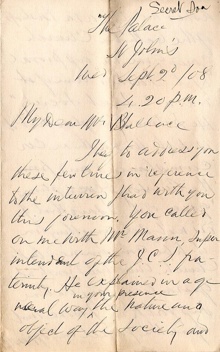 Lettre de l'archev&ecirc;que M.F. Howley &agrave; M. Wallace, 2 septembre 1908, Page 1