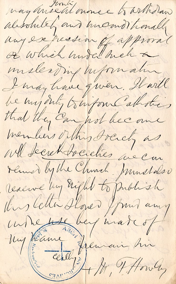 Lettre de l'archev&ecirc;que M.F. Howley &agrave; M. Wallace, 2 septembre 1908, Page 4