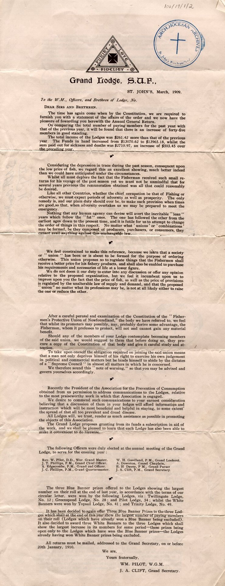 Rapport du Grand Lodge, Society of United Fishermen, mars 1909, Page 1