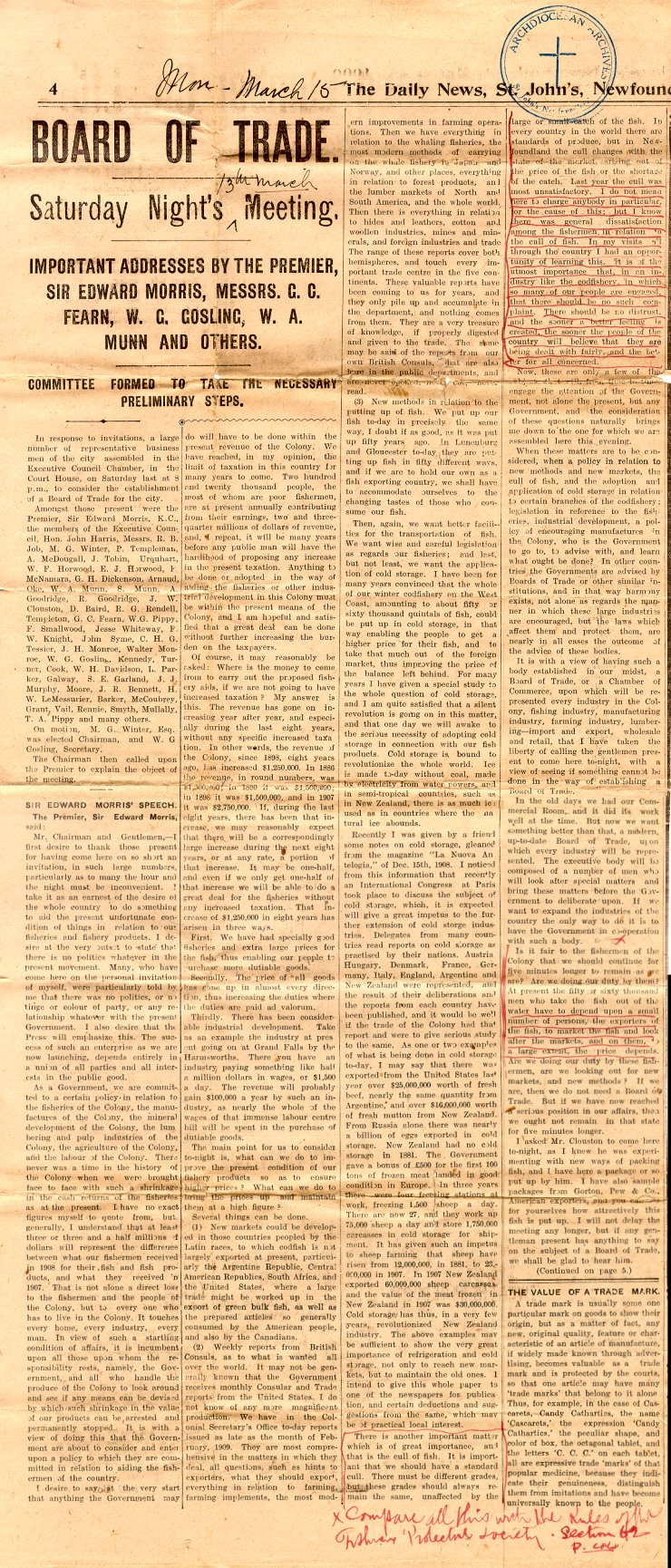 Coupure de journal du Daily News, 15 mars 1909, Page 1