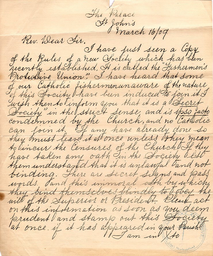 Lettre circulaire de l'archev&ecirc;que M.F. Howley aux cur&eacute;s, 16 mars 1909