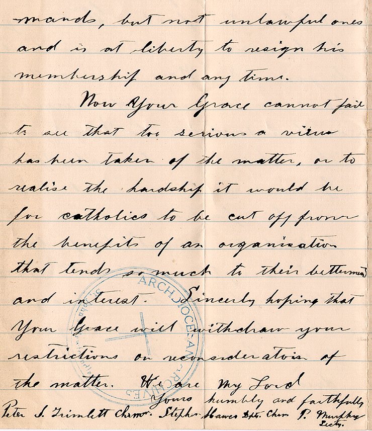 Lettre de Peter Trimlett et autres &agrave; l'archev&ecirc;que M.F. Howley, Salmonier, 23 mars 1909, Page 4