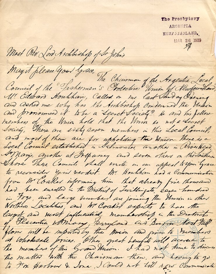 Lettre de John J. St. John, P.P., &agrave; l'archev&ecirc;que M.F. Howley, Argentia, 26 mars 1909, Page 1