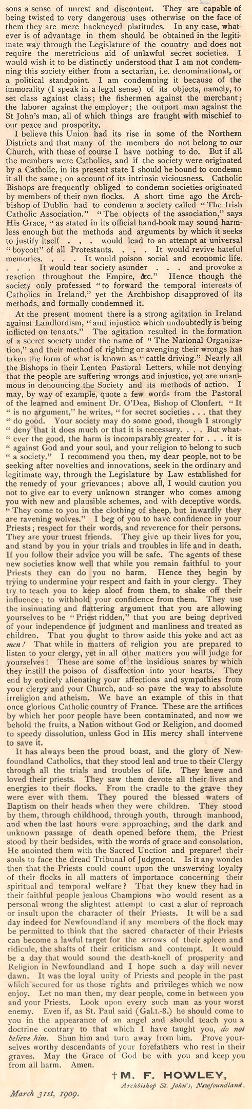 Lettre circulaire de l'archev&ecirc;que M.F. Howley aux catholiques, 31 mars 1909, Page 4