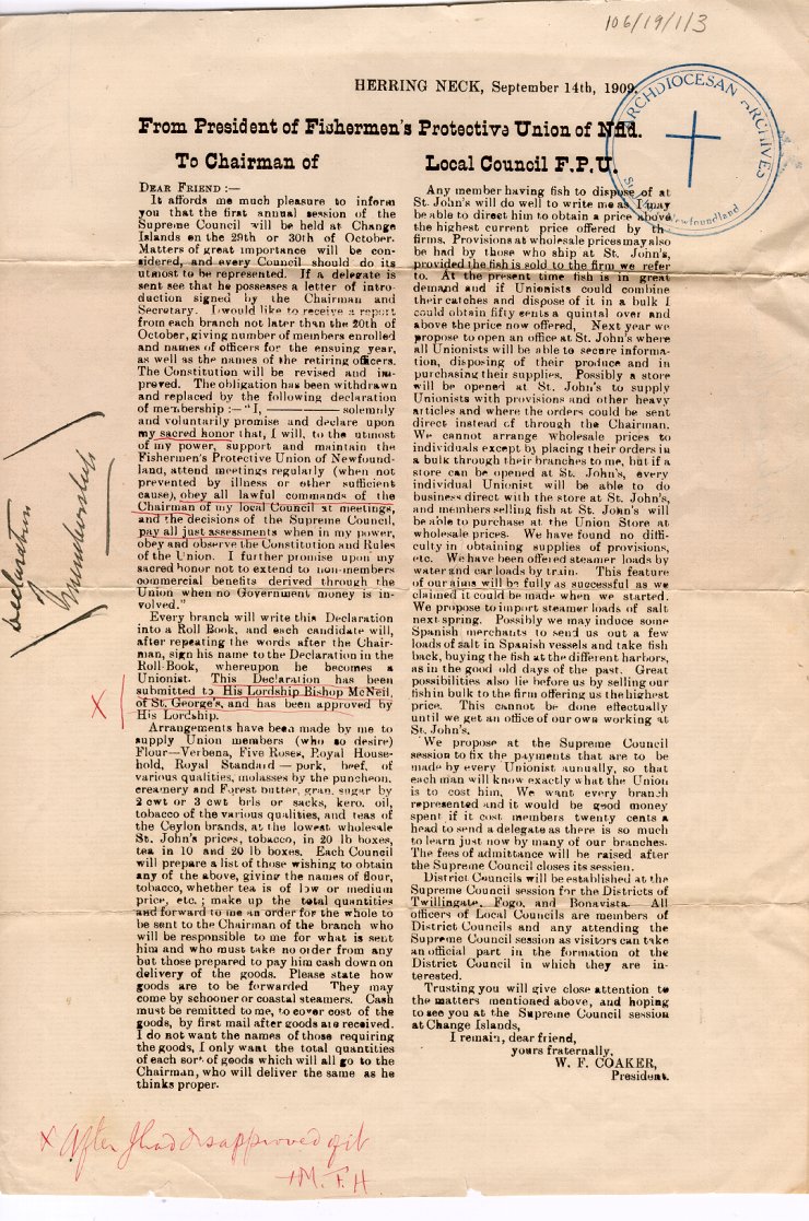 Lettre circulaire de W.F Coaker, pr&eacute;sident, au pr&eacute;sident du conseil local du FPU, Herring Neck, 14 septembre 1909