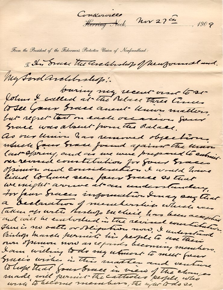 Lettre de W.F. Coaker, pr&eacute;sident, &agrave; l'archev&ecirc;que M.F. Howley, Coakerville, 27 novembre 1909, Page 1