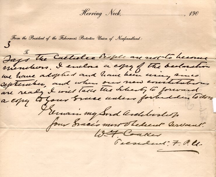 Lettre de W.F. Coaker, pr&eacute;sident, &agrave; l'archev&ecirc;que M.F. Howley, Coakerville, 27 novembre 1909, Page 3