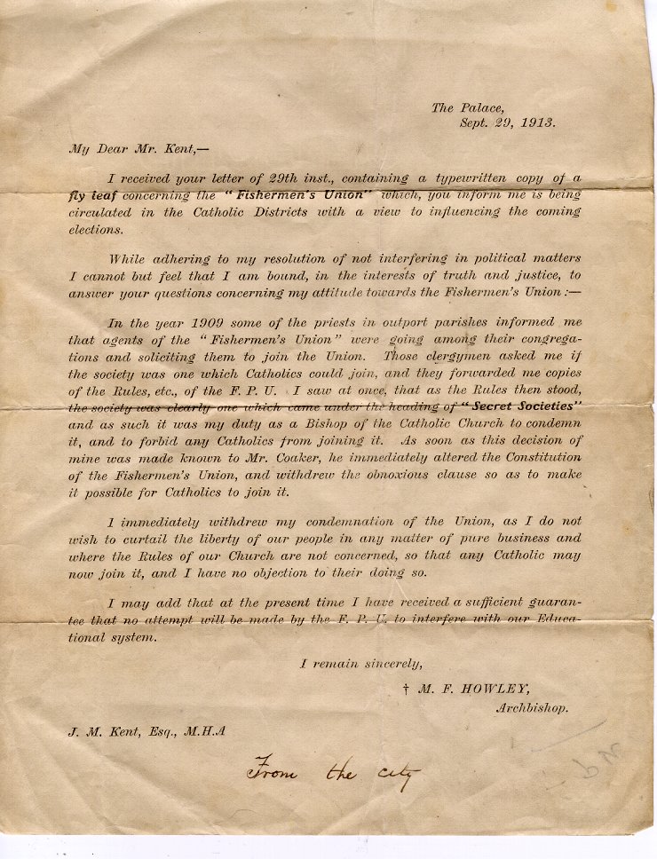 Lettre de l'archev&ecirc;que M.F. Howley &agrave; J.M. Kent, 29 septembre 1913, Page 1