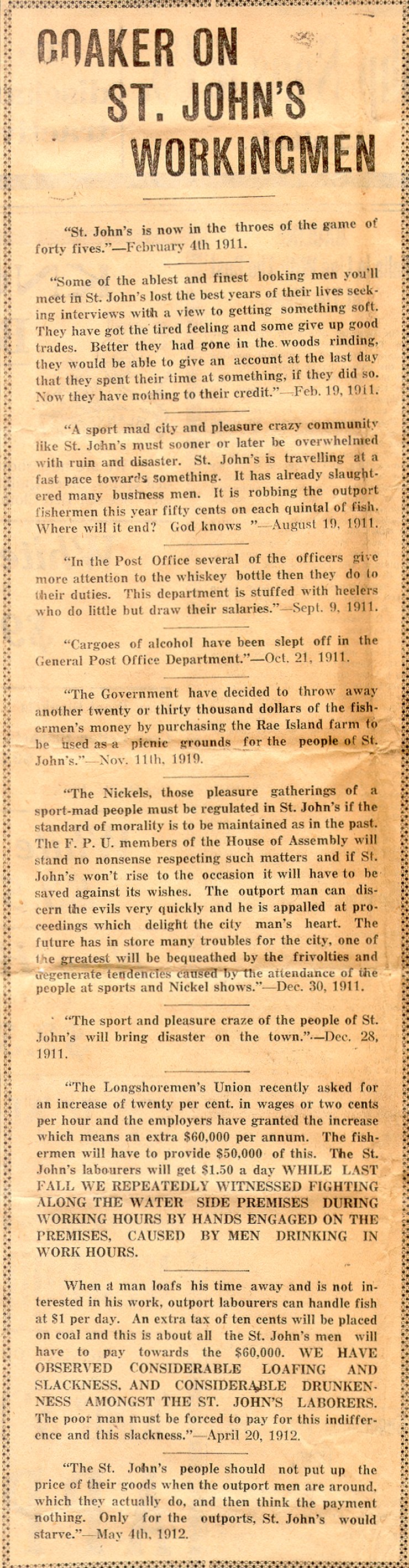 Coupure d'un article de journal intitul&eacute; 'Coaker on St. John's Workingmen', The Daily News, 27 octobre 1919, Page 2
