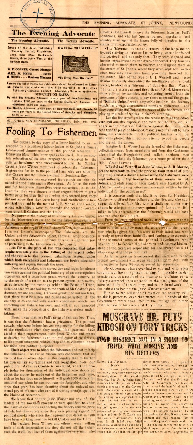 Coupure d'un &eacute;ditorial intitul&eacute;, 'Fooling to Fishermen', Evening Advocate, 4 janvier 1923, Page 1