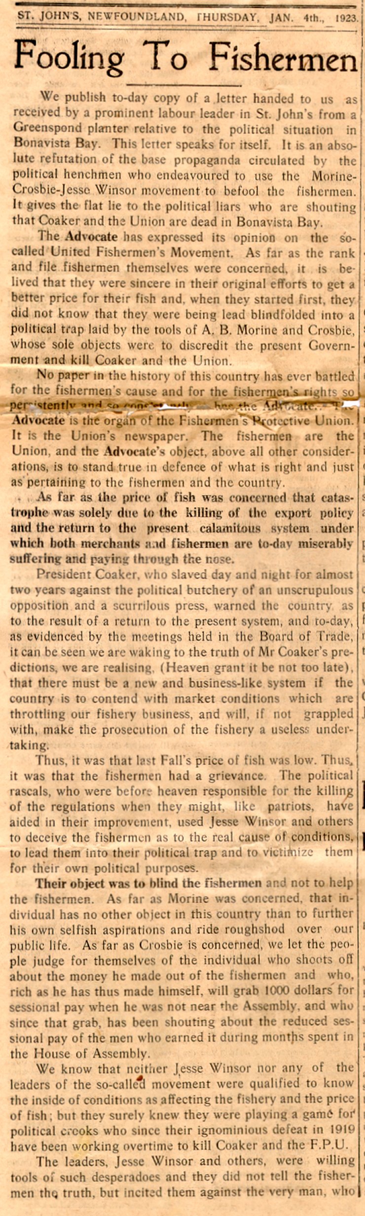 Coupure d'un &eacute;ditorial intitul&eacute;, 'Fooling to Fishermen', Evening Advocate, 4 janvier 1923, Page 2