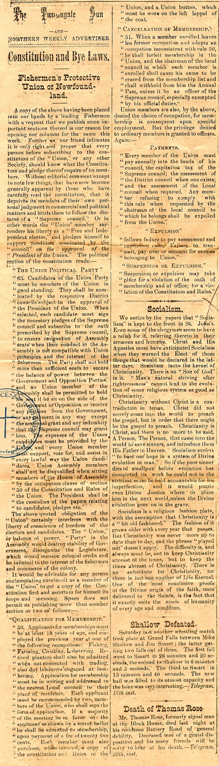 Newspaper clipping of an editorial entitled Constitution and Bye-Laws - Fishermen's Protective Union of Newfoundland, Twillingate Sun, n.d., Page 2