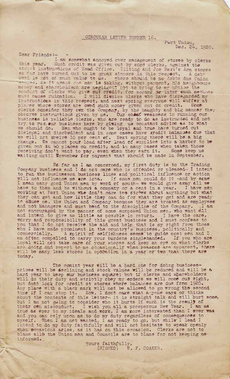 Lettre circulaire no 16. 24 d&eacute;c. 1920