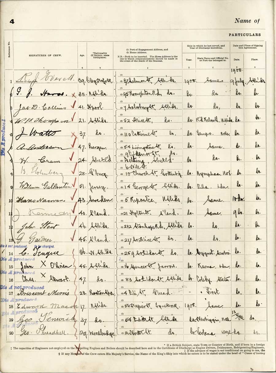 Home Addresses of the Crew of the SS Brio, 1908