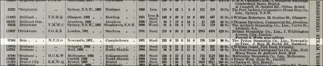 The entry in the 1907 Mercantile Navy List for the SS Brio (Official Number 97966)