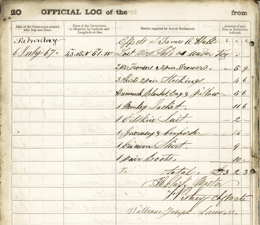 Page 20 of the Log of the Clarendon, 1867